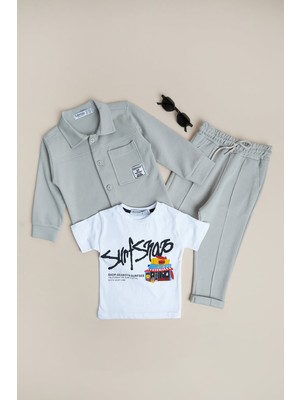 FullaModa %100 Pamuk Çimalı Yazı Baskılı 3 Lü Erkek Çocuk Takım