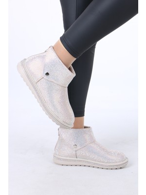 Lolyvibe Kürklü Bot Kristal Taşlı Arka Fermuarlı ve Yan Çıtçıtlı Kısa Düz Taban Kışlık