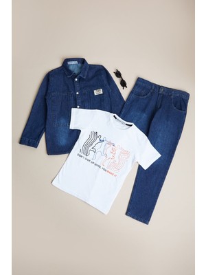 FullaModa Düğmeli Polo Yaka  Erkek Çocuk Jean 3 Lü Takım