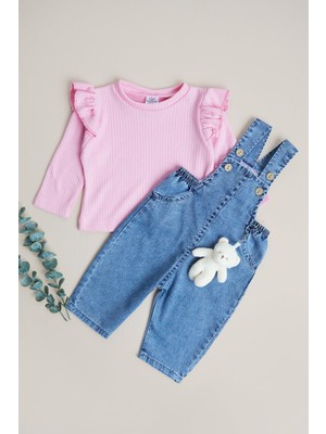 FullaModa %100 Pamuk Ayıcık Aksesuarlı Kız Çocuk 2 Li Salopet Takım