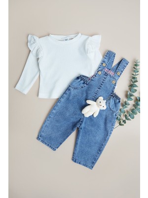 FullaModa %100 Pamuk Ayıcık Aksesuarlı Kız Çocuk 2 Li Salopet Takım