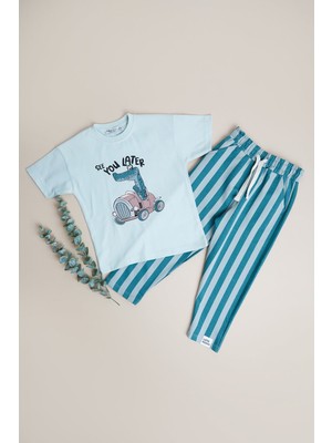FullaModa %100 Pamuk Baskılı Çizgili Erkek Çocuk 2 Li Takım