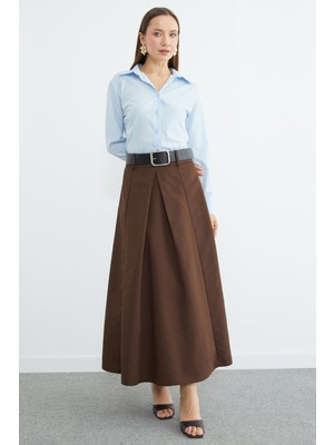 FullaModa Kemerli Pileli Maxi Boy Etek