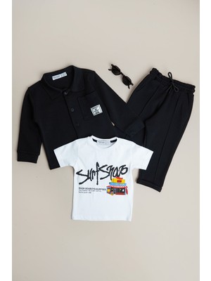FullaModa %100 Pamuk Çimalı Yazı Baskılı 3 Lü Erkek Çocuk Takım
