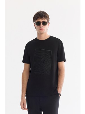 AVVA Erkek Siyah Bisiklet Yaka Baskılı Bi-Stretch İnterlok Regular Fit T-shirt A61Y1056
