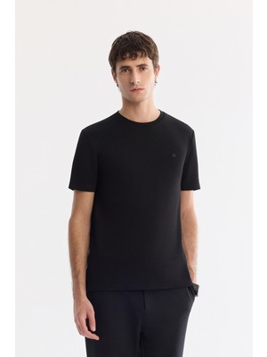 AVVA Erkek Siyah Bisiklet Yaka Baskılı İnterlok Regular Fit T-Shirt A61Y1138