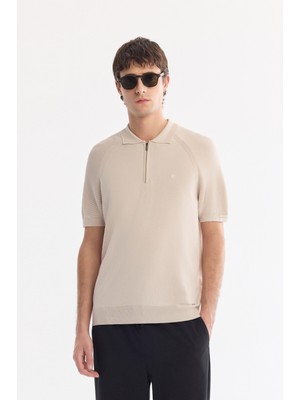 AVVA Erkek Bej Polo Yaka Fermuarlı Rayon Karışımlı Regular Fit Triko T-Shirt A61Y5009