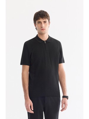 AVVA Erkek Siyah Polo Yaka Fermuarlı Kolay Ütülenen Kırışmaz Regular Fit Triko T-Shirt A61Y5015