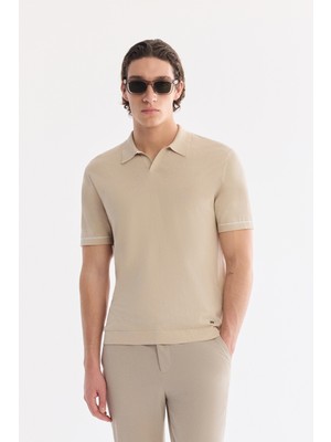 AVVA Erkek Bej Düğmesiz Polo Yaka %100 Pamuk Triko Regular Fit T-Shirt A61Y5041