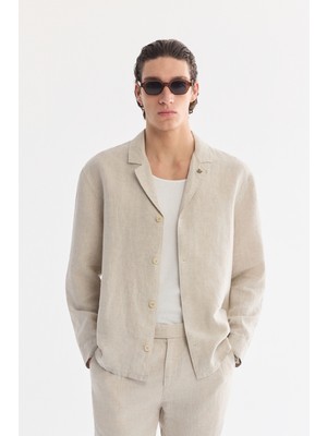 AVVA Erkek Bej Küba Yaka %100 Keten Comfort Fit Uzun Kol Gömlek Ceket A61Y2137