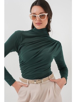 Gökyüzü Moda 925 Büzgü Detaylı Sandy Bluz - Zümrüt Yeşili