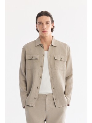 AVVA Erkek Gri Klasik Yaka Nefes Alan %100 Keten Comfort Fit Gömlek Ceket A61Y2540