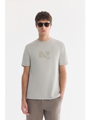 AVVA Erkek Gri Bisiklet Yaka Baskılı Viskon Karışımlı Regular Fit T-Shirt A61Y1160