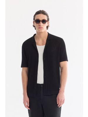 AVVA Erkek Siyah Apaj Yaka Önden Düğmeli Soft Touch Kısa Kollu Regular Fit Triko T-Shirt A61Y5048