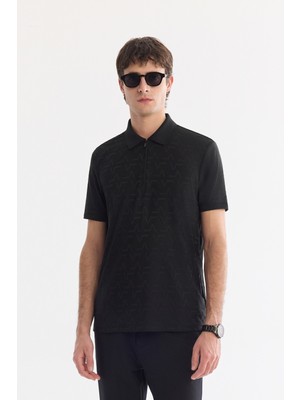 AVVA Erkek Siyah Fermuarlı Polo Yaka Jakarlı T-Shirt A61Y1046
