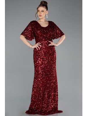 Abiyefon Kısa Kol Degaje Yaka Uzun Pullu Büyük Beden Abiye ABU4926