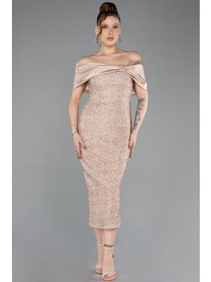 Abiyefon Saten Kayık Yaka Midi Boncuklu Gece Elbisesi ABK2461