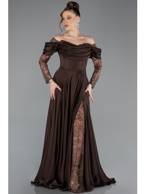 Abiyefon Dantel Uzun Kol Kayık Yaka Saten Abiye ABU5054