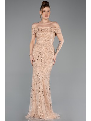 Abiyefon Kayık Yaka Boncuklu Uzun Abiye Elbise ABU5492