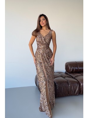 Feminist Bakır V Yaka Payetli Işıltılı Uzun Abiye 9705495.231