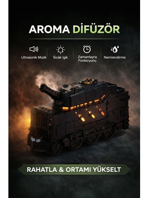 Ankaverse Buhar Efektli Zırhlı Tren Tasarımlı Aromaterapi Hava Nemlendirici - LED Işıklı, Sessiz ve USB Şarjlı