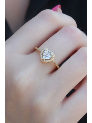 HERŞEYBURDAMODA Gold Renk Zirkon Taşlı Kalp Model Charm Pirinç Kadın Yüzük