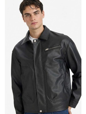 DeFacto Oversize Gömlek Yaka Fermuarlı Suni Deri Mont F8600AX26SP