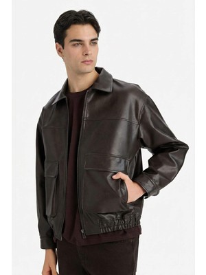 DeFacto Oversize Gömlek Yaka Fermuarlı Suni Deri Mont E8822AX26SP