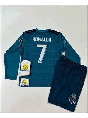 R. Madridd 2018 Cristiano Ronaldo Turkuaz Röveşata Uzun Kol Çocuk Forması (Armalı Set)