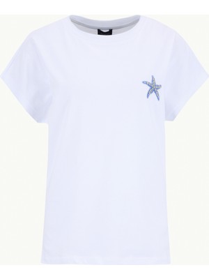 Fabrika Bisiklet Yaka Nakışlı Beyaz Kadın T-Shirt F6SL-TST0275