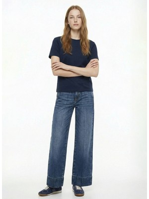 Fabrika Bisiklet Yaka Düz Lacivert Kadın T-Shirt F4WL-TST0758-Y