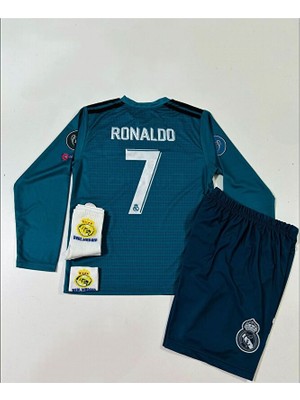 R.e.a.l M.a.d.r.i.d 2018 Cristiano Ronaldo Turkuaz Röveşata Uzun Kol Çocuk Forması 4'lü Set (Armalı)