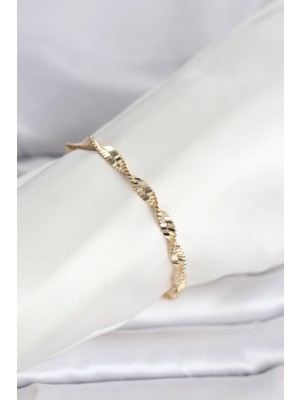 Mey İthalat Mey Ithalat® cm 14K Gold Renk Zincir Kalın Yassı Ezme Burgu Model Kadın Bileklik