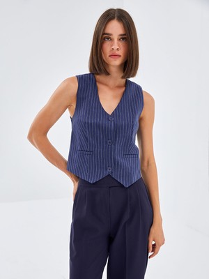 Lc Waikiki Yeni Sezon V Yaka Çizgili Kadın Klasik Yelek