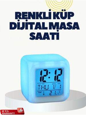 MiraLive Termometre ve Takvim Özellikli 7 Renk Değiştiren Küp Alarm Saati