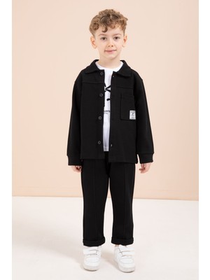 Cansın Mini Siyah Arma Detaylı Gömlekli Duble Paça Pantolonlu Erkek Çocuk 3lü Takım 23619