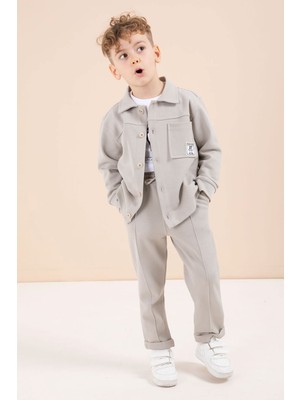 Cansın Mini Bej Arma Detaylı Gömlekli Duble Paça Pantolonlu Erkek Çocuk 3lü Takım 23622