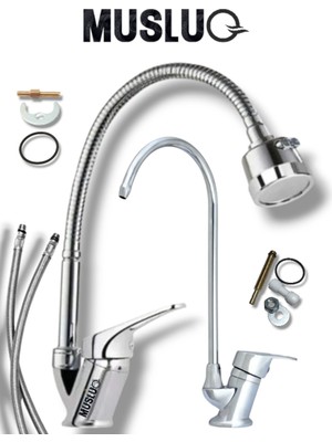 Musluq 2'li Set Hareketli Borulu 2 Fonksiyonlu Mutfak Eviye Musluğu Bataryası - Arıtma Musluğu Bataryası