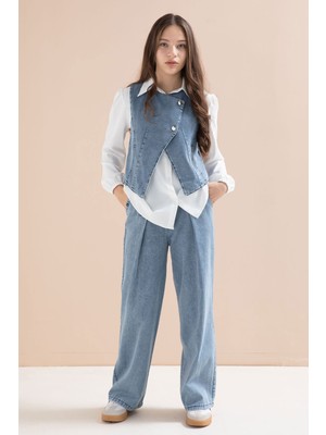 Cansın Mini Mavi Düğmeli Jean Yelekli ve Pantolonlu Kız Çocuk Gömlekli 3lü Takım 23598