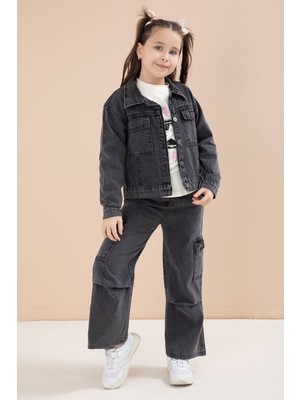 Cansın Mini Siyah Jean Ceketli Kargo Cepli  Pantolonlu Kız Çocuk Badili 3lü Alt Üst Takım 23613