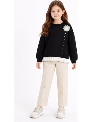 Cansın Mini Siyah Dantel Detaylı Badili Jean Pantolonlu Kız Çocuk Alt Üst Takım 23593