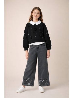 Cansın Mini Siyah Inci Işlemeli Badili ve Jean Pantolonlu Kız Çocuk Gömlekli Takım 23599