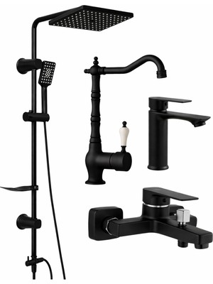 Siyah Robot Siyah 4 Lü Set Banyo Lavabo Evye Lüks Eviye-Banyo-Lavabo-Duş Seti