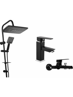 Siyah Kare Set 3 Lü Lavabo Bataryası Banyo Bataryası