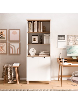 Robin Home Alaska Kitaplık Raf Ahşap Ayaklı 180CM Kapaklı Sepet-Beyaz-Jüt