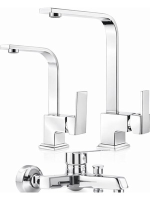 Krom Kare Evye Lavabo Banyo Bataryası 3 Lü Set Krom Set Eviye-Banyo Lavabo Set