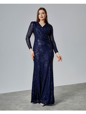 Asees Kruvaze Yaka Büzgü Detaylı Abiye Elbise