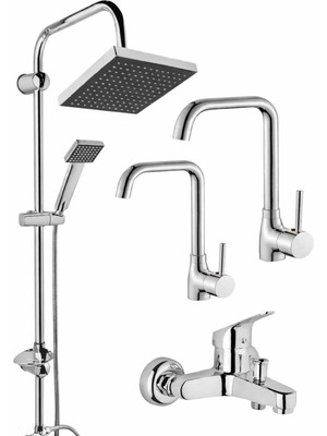 Musluq Krom Renk Baston Borulu Lavabo-Eviye-Banyo-Duş Robot-Duş Sistemleri 4'lü Set Modern Set