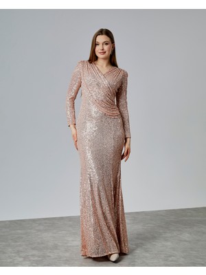 Asees Kruvaze Yaka Büzgü Detaylı Abiye Elbise