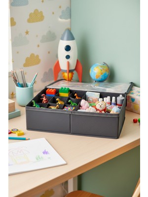 Luxway Home Lüks Antrasit Çok Bölmeli Şeffaf Kapaklı Portatif Makyaj ve Takı Düzenleyici Organizer Saklama Kutusu